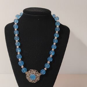 Victorian-style, blue faceted glass bead Pendant Necklace Signed LIU